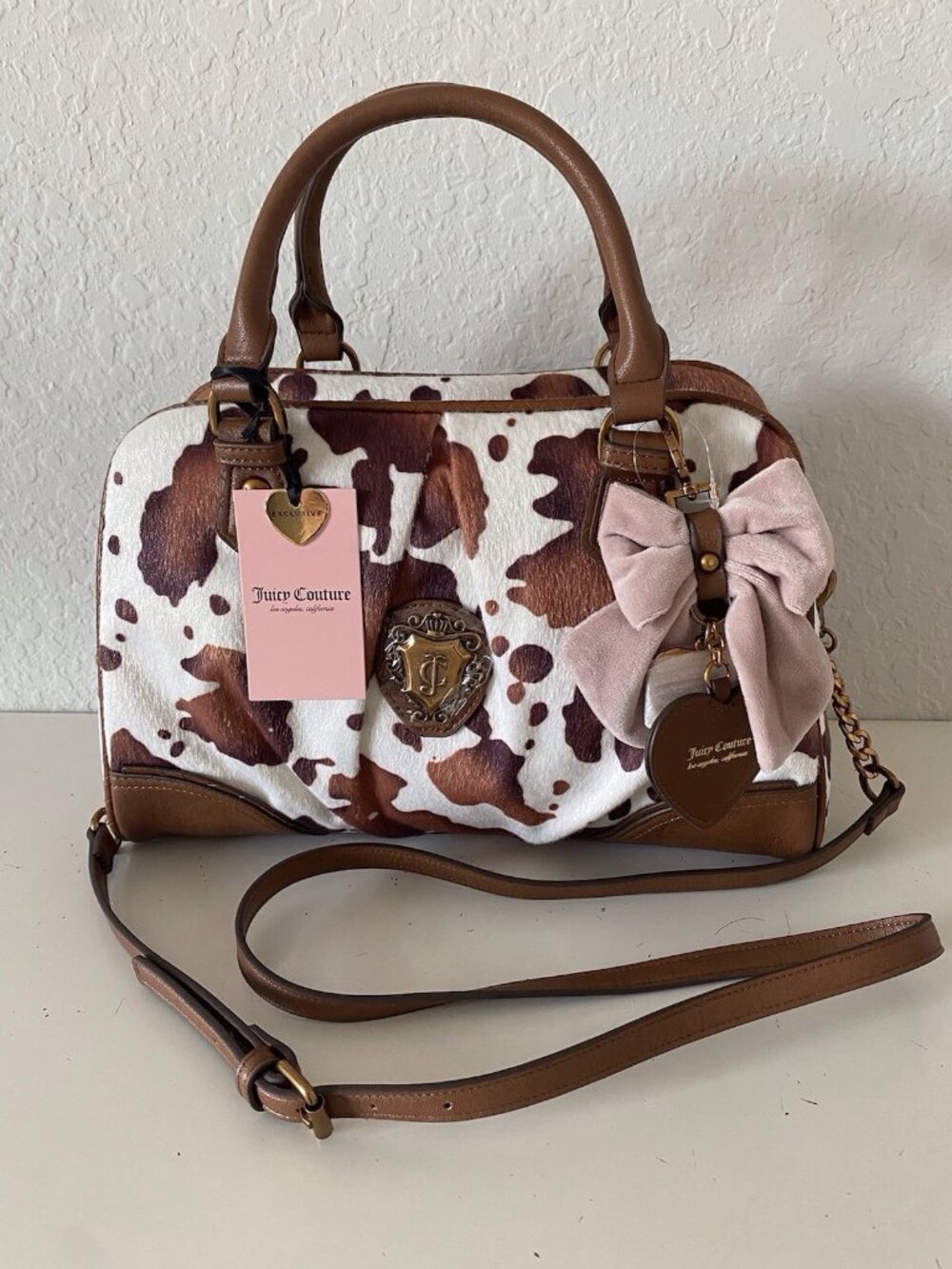 Juicy Couture Romance Cow Print Satchel In Saddle Brown W/Charm Viral NEW